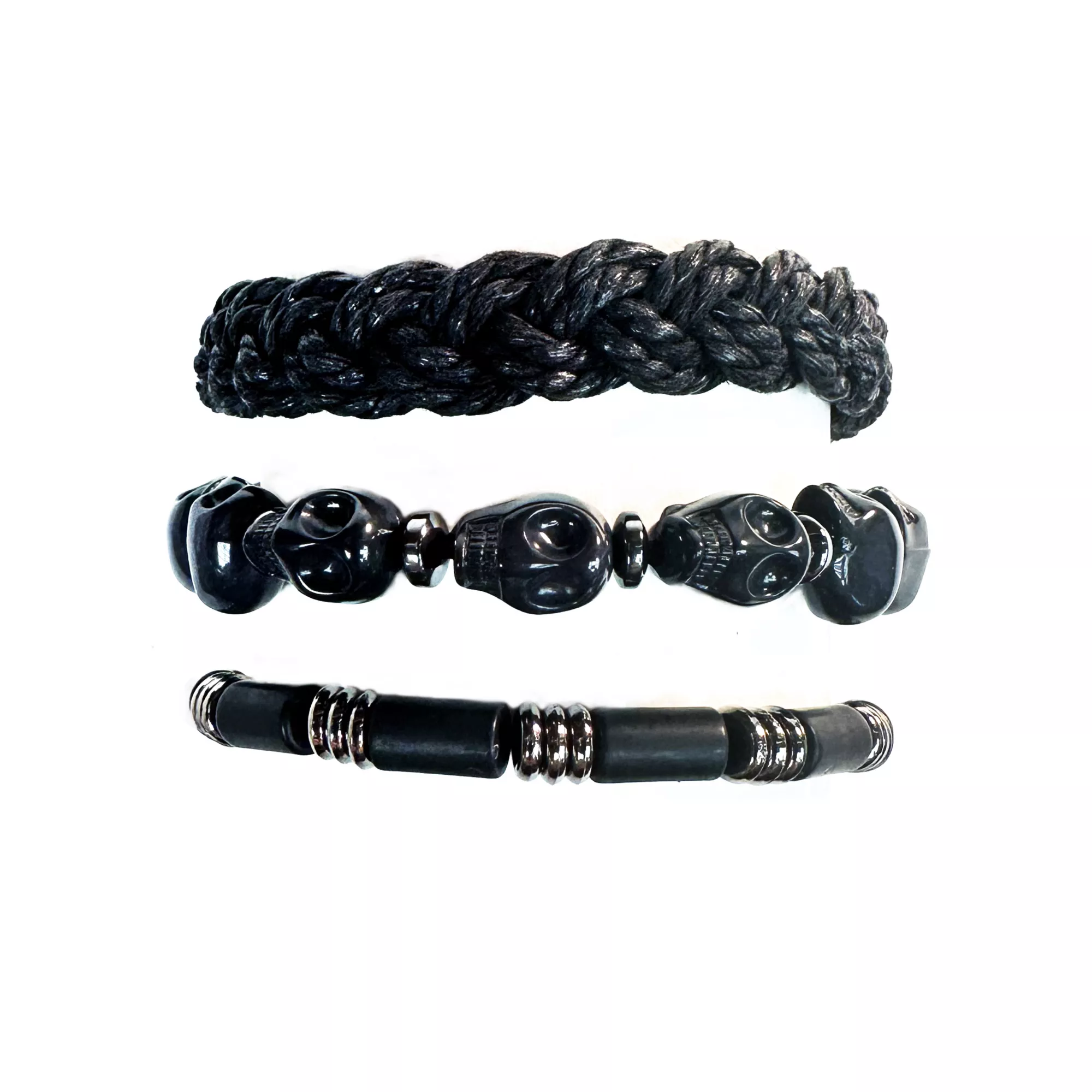Multi-Pack Black Skull and Braided Bracelets - 3 Pack