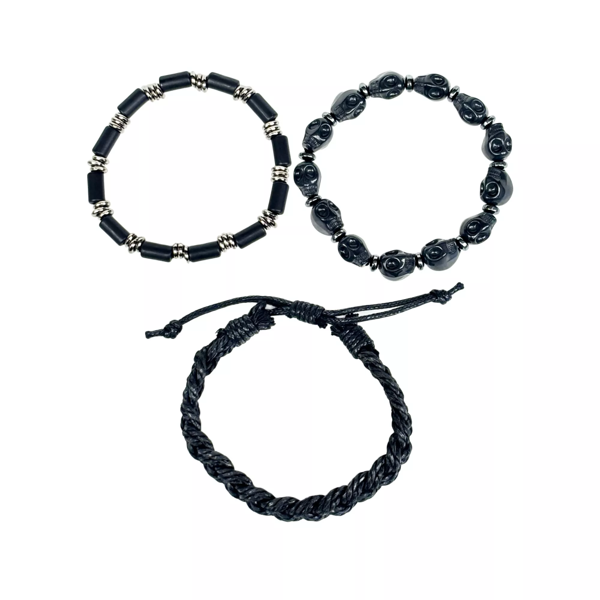 Multi-Pack Black Skull and Braided Bracelets - 3 Pack at Spencer's