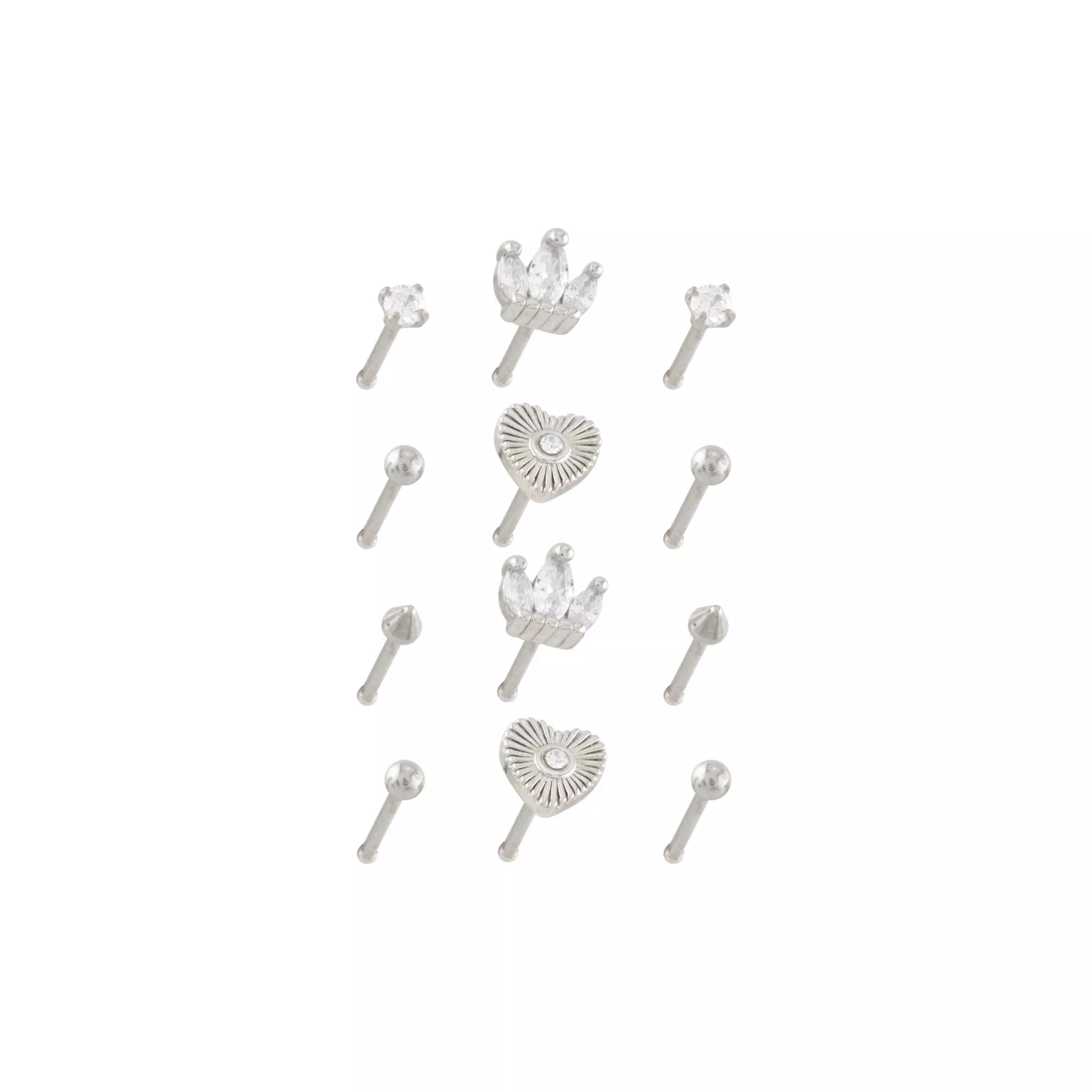 Multi-Pack Heart and Crown Nose Pins 12 Pack - 20 Gauge