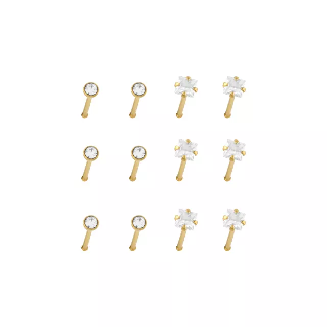 Multi-Pack CZ Titanium Goldtone Round and Sqaure Nose Pins 12 Pack - 20 Gauge at Spencer's