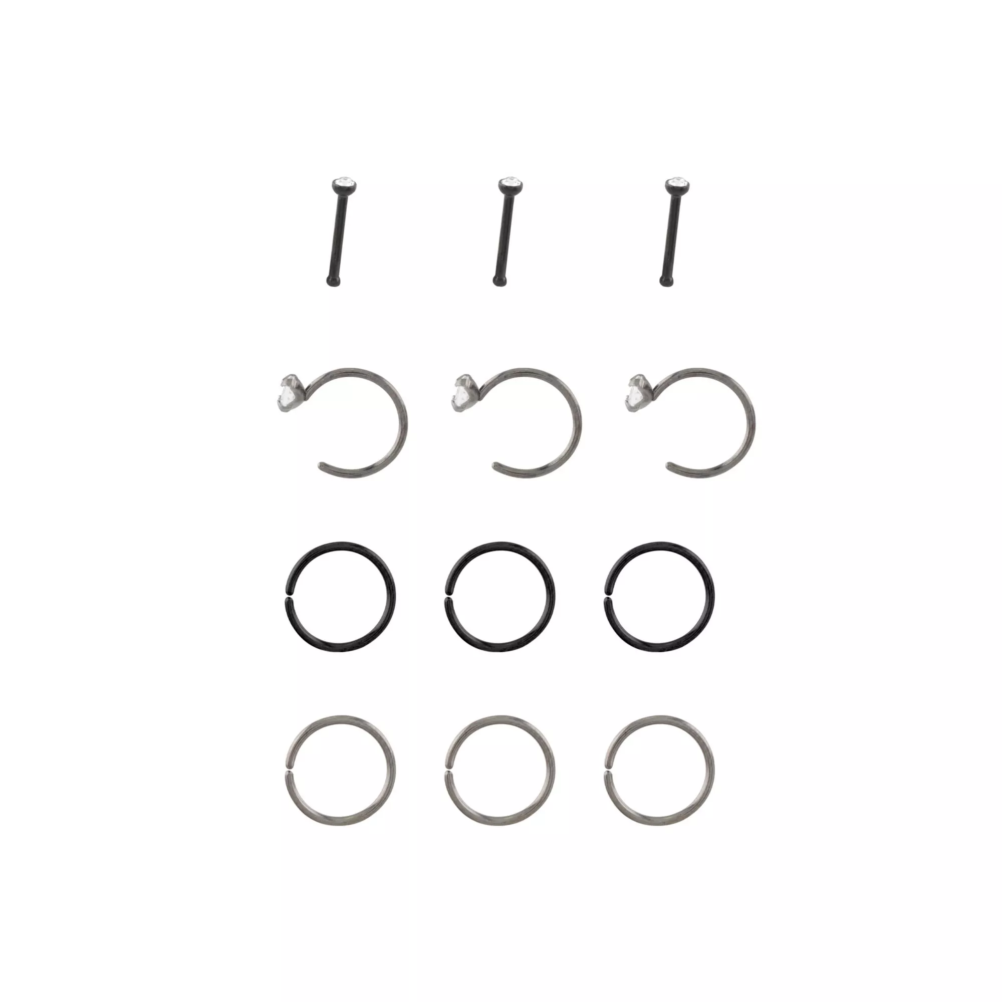 Multi-Pack Silvertone and Black CZ Nose Hoops and Pins 12 Pack - 20 Gauge at Spencer's