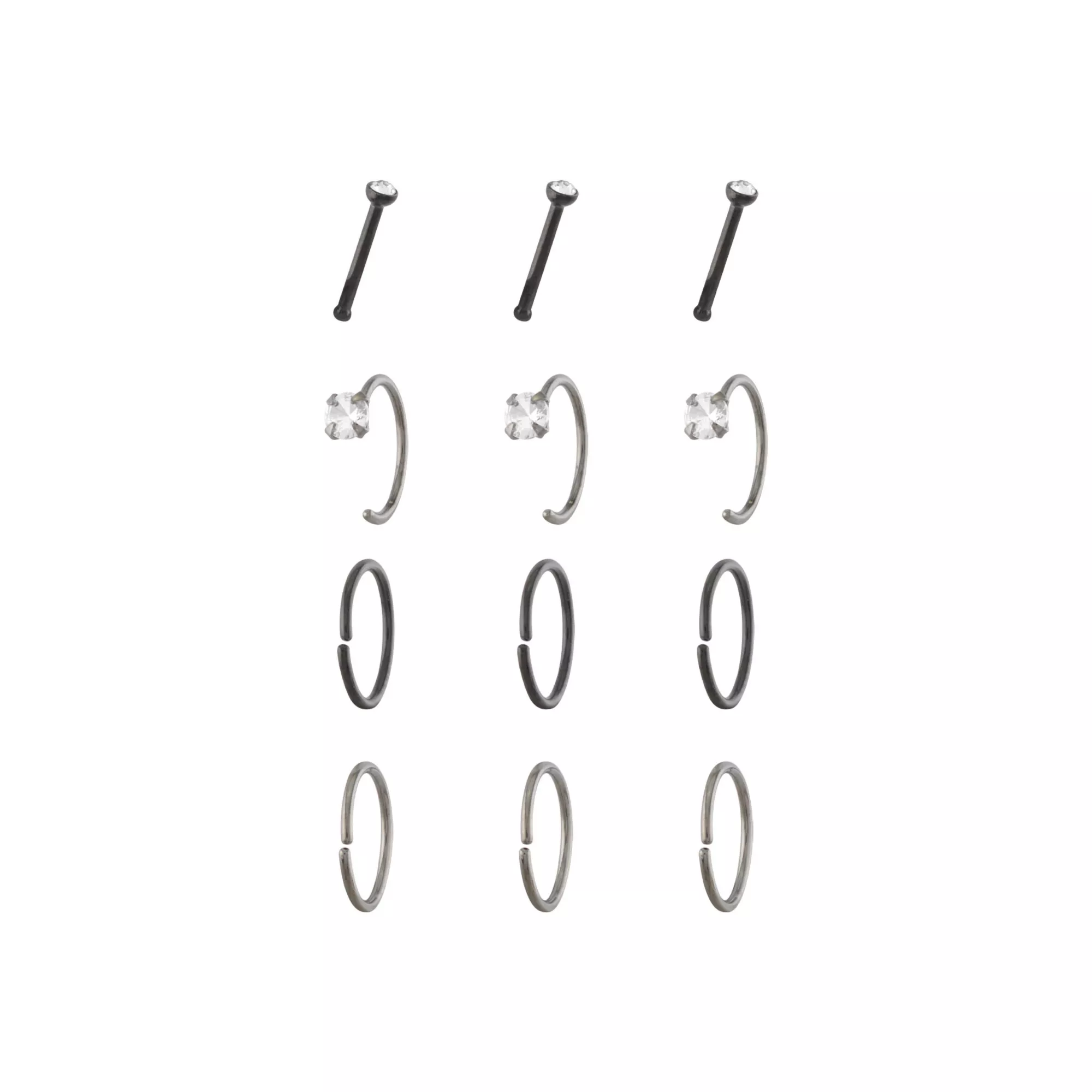 Multi-Pack Silvertone and Black CZ Nose Hoops and Pins 12 Pack - 20 Gauge at Spencer's