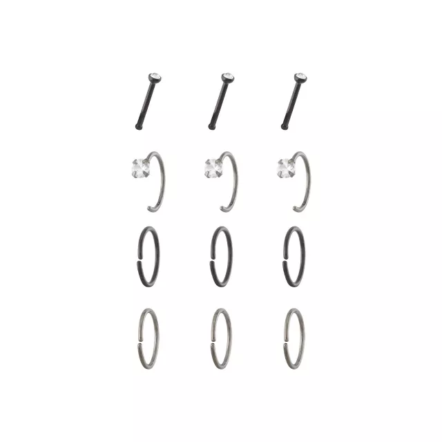 Multi-Pack Silvertone and Black CZ Nose Hoops and Pins 12 Pack - 20 Gauge at Spencer's