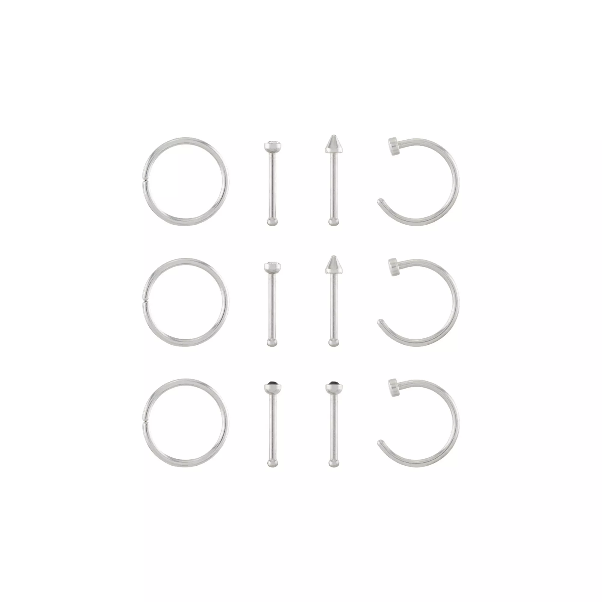 Multi-Pack Silvertone CZ Nose Hoops and Pins 12 Pack - 20 Gauge at Spencer's