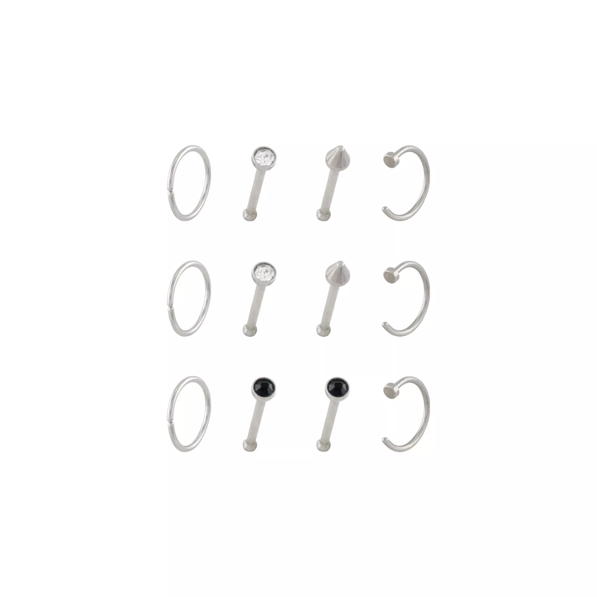 Multi-Pack Silvertone CZ Nose Hoops and Pins 12 Pack - 20 Gauge