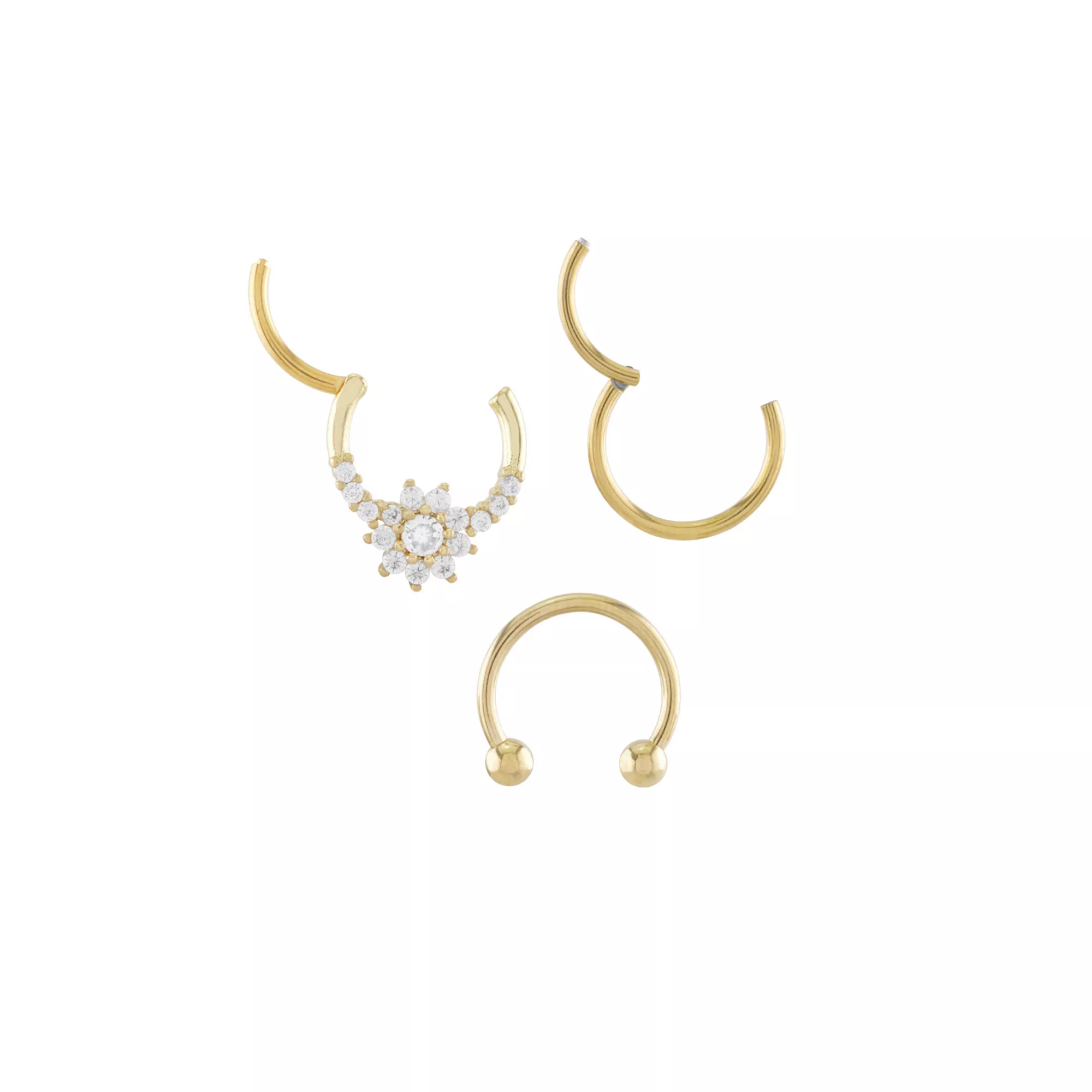 Multi-Pack Cluster CZ Flower Goldtone Septum Rings 3 Pack - 16 Gauge