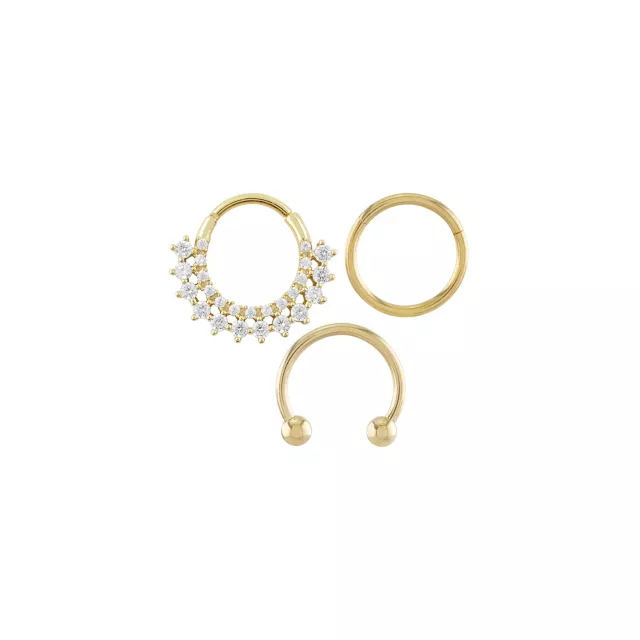 Multi-Pack 14K Gold-Plated CZ Septum Rings 3 Pack - 16 Gauge
