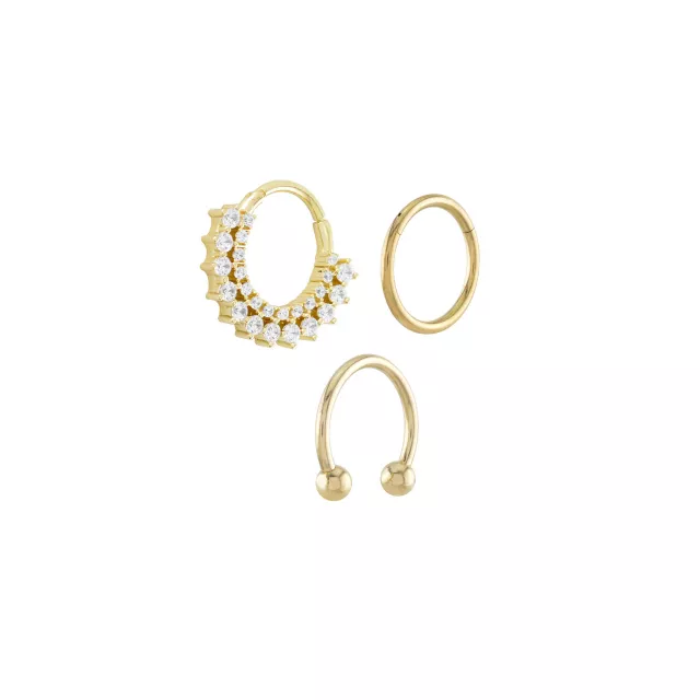 Multi-Pack 14K Gold-Plated CZ Septum Rings 3 Pack - 16 Gauge