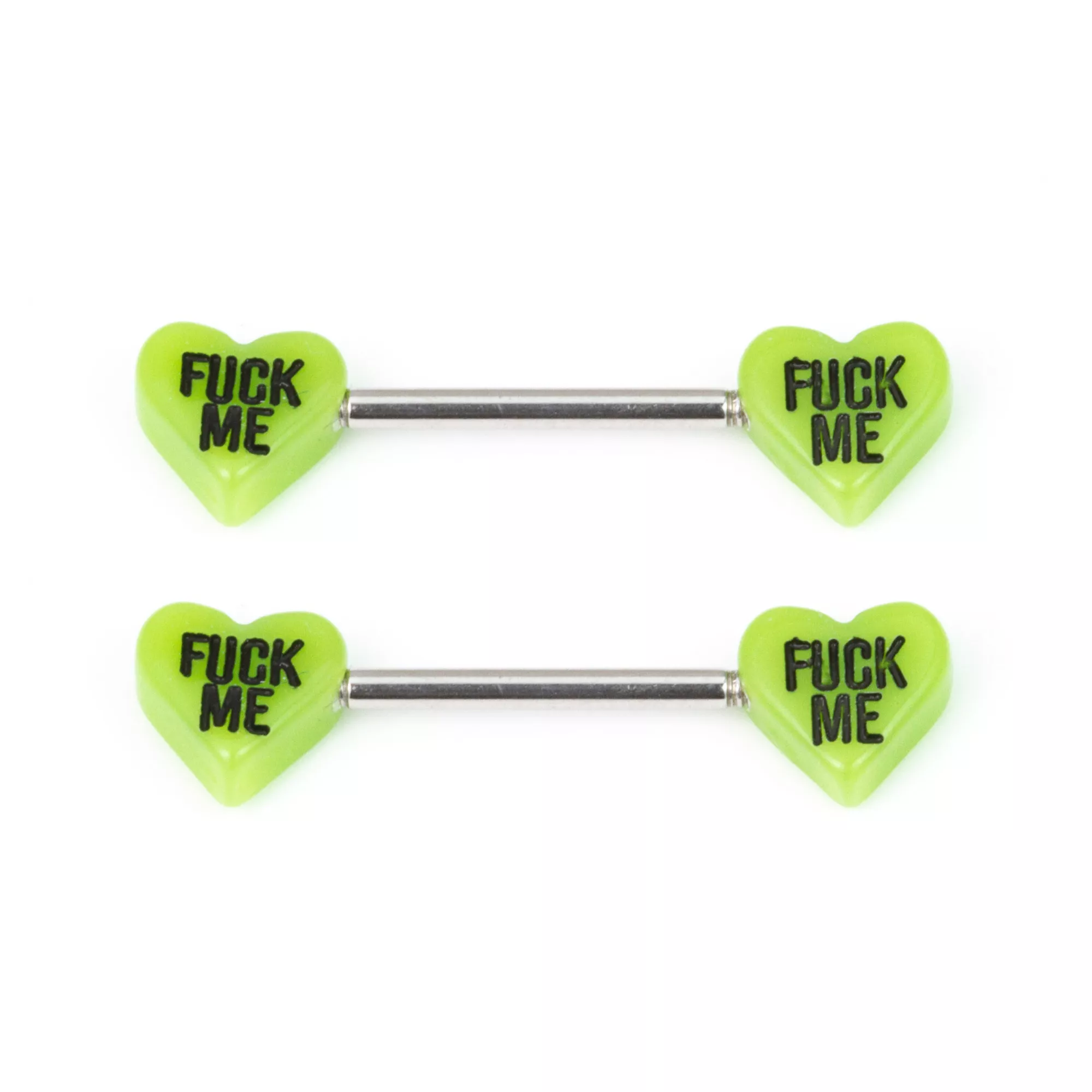 Fuck Me Green Heart Nipple Barbells - 14 Gauge at Spencer's