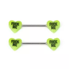 Fuck Me Green Heart Nipple Barbells - 14 Gauge at Spencer's