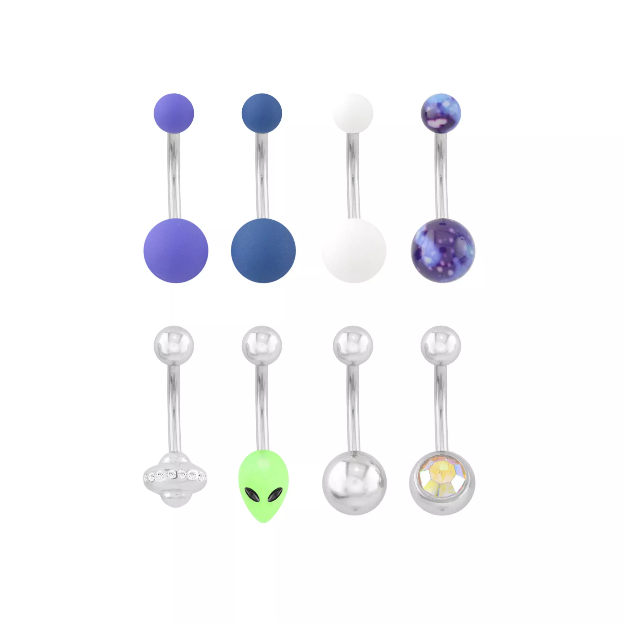 Multi-Pack Blue and Purple Alien Belly Rings 8 Pack - 14 Gauge at Spencer's