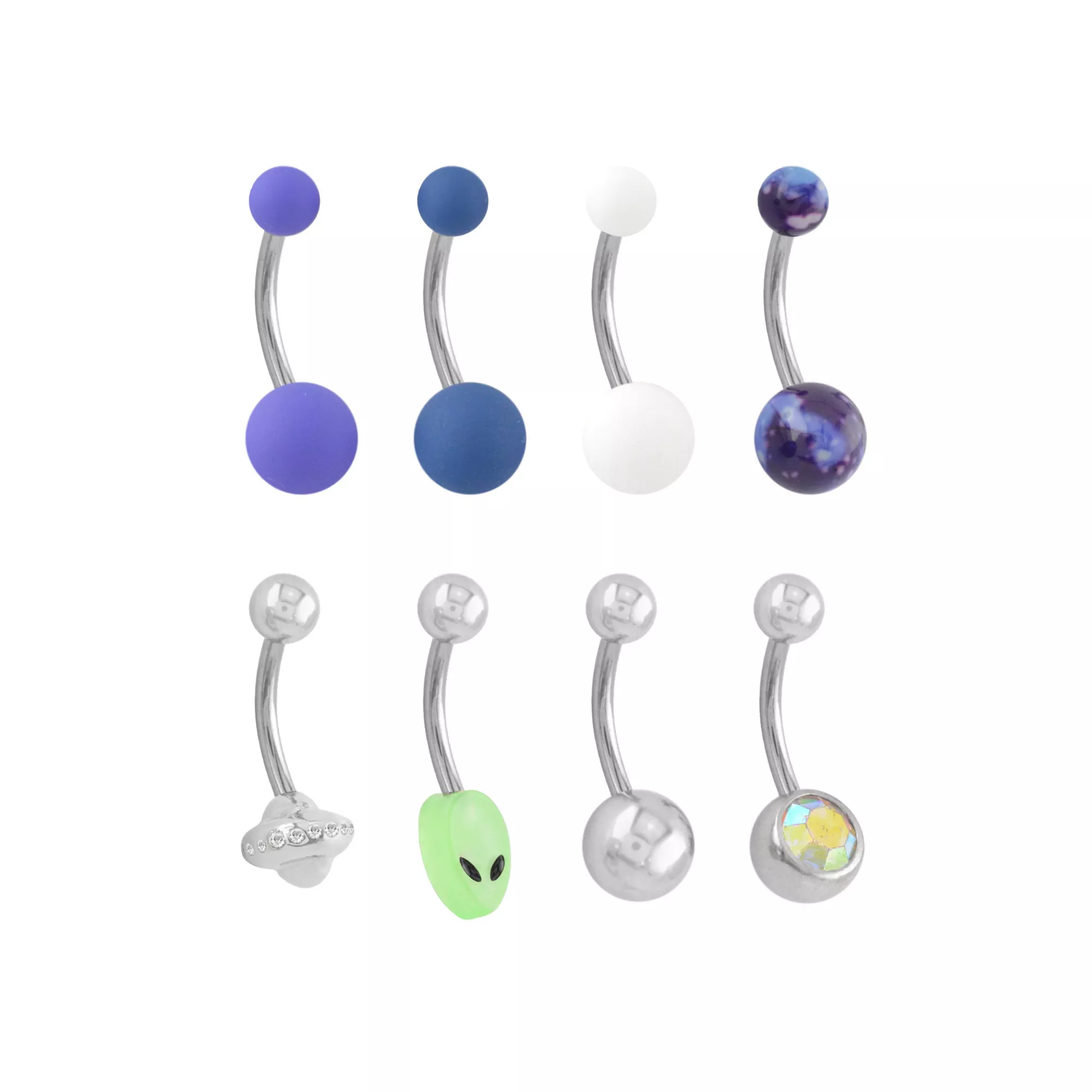 Multi-Pack Blue and Purple Alien Belly Rings 8 Pack - 14 Gauge at Spencer's