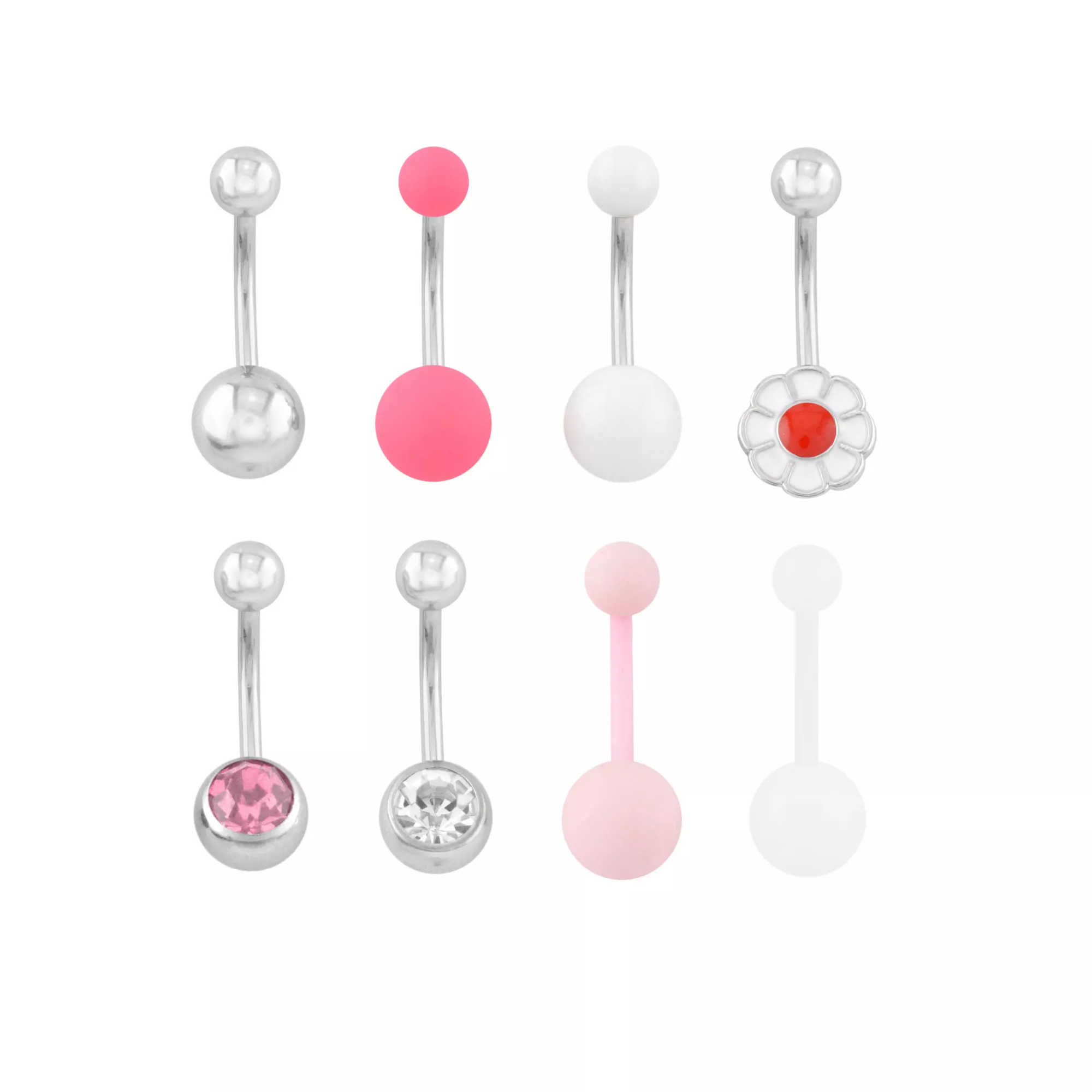 Multi-Pack Pink and White Titanium CZ Daisy Belly Rings 8 Pack - 14 Gauge at Spencer's