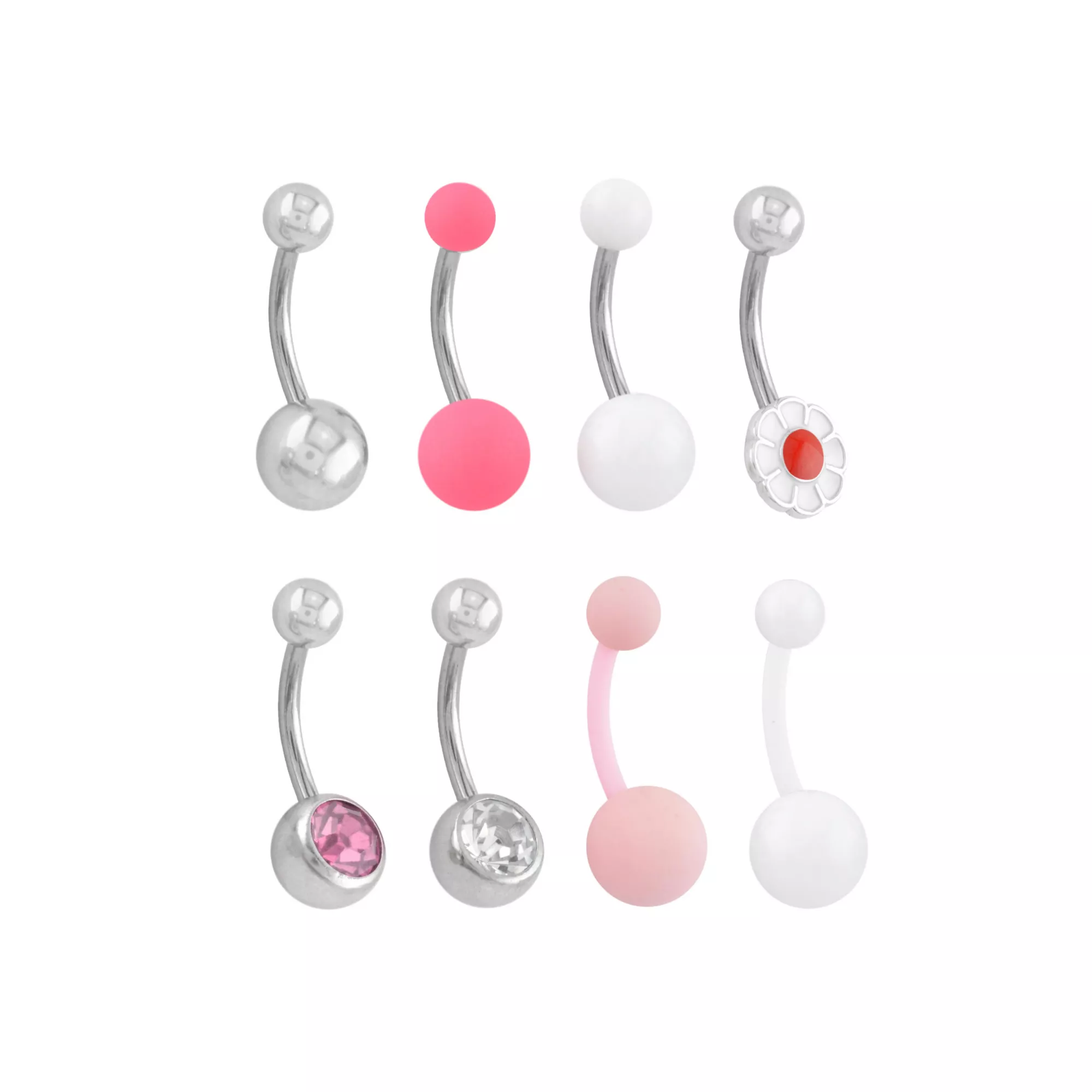 Multi-Pack Pink and White Titanium CZ Daisy Belly Rings 8 Pack - 14 Gauge at Spencer's