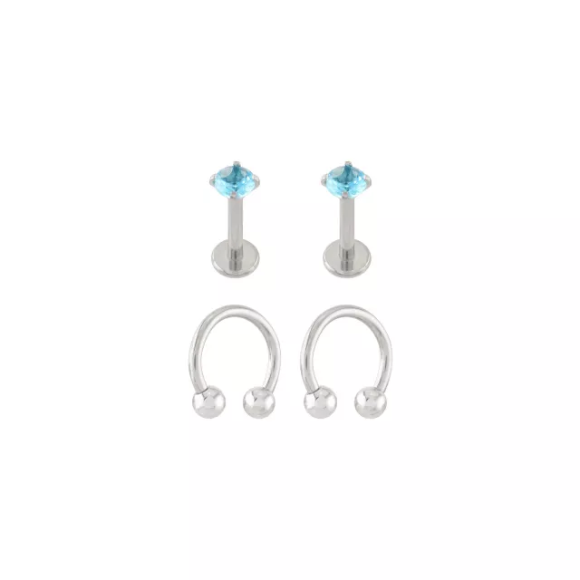 Multi-Pack Prong Blue CZ Titanium Horseshoe Rings and Labret Lip Rings 2 Pair - 16 Gauge at Spencer's