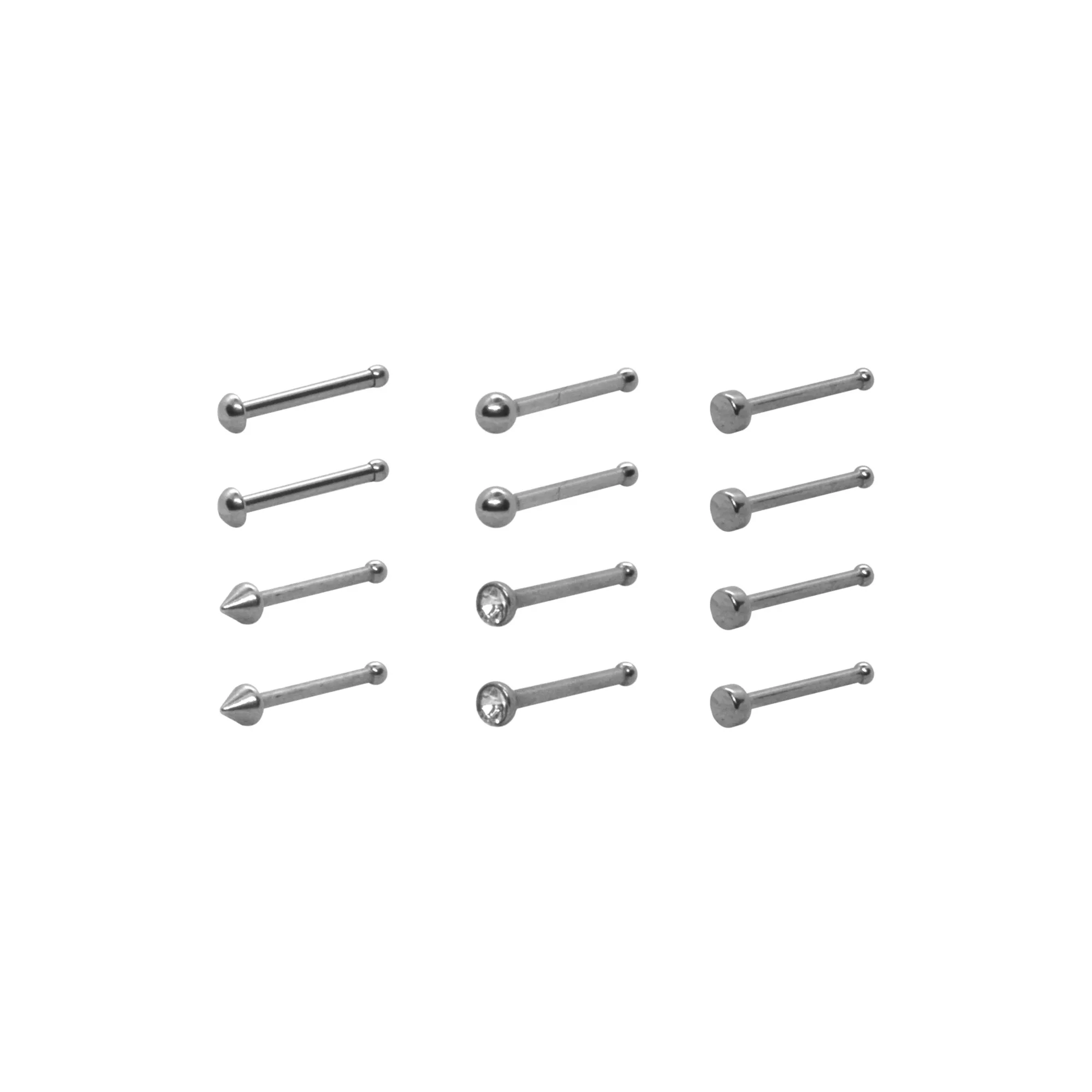 Multi-Pack CZ Round and Pointed Silvertone Pin Nose Rings 12 Pack - 20 Gauge at Spencer's
