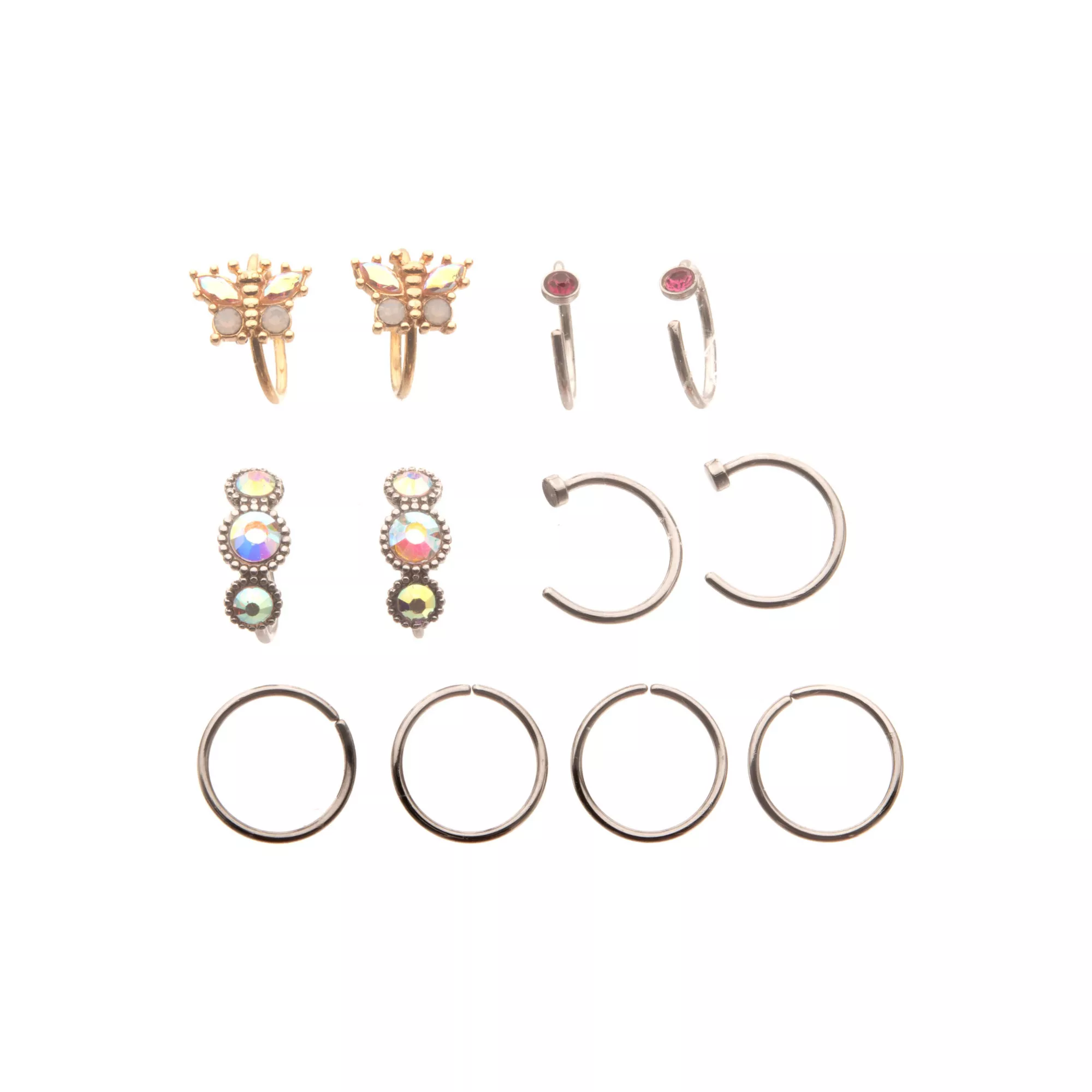 Multi-Pack CZ Pink Butterfly Hoop Nose Rings 12 Pack - 20 Gauge at Spencer's