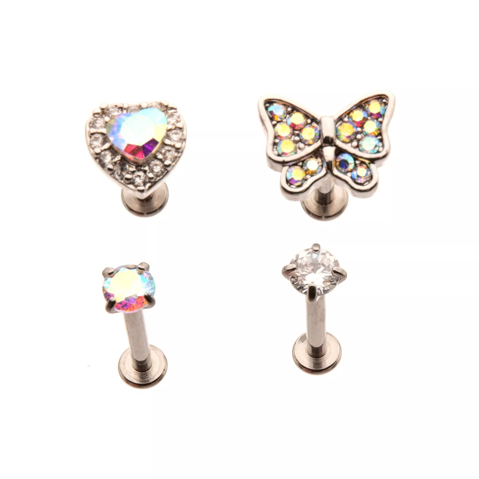Multi-Pack CZ Butterfly Heart Labret Lip Rings 4 Pack - 16 Gauge at Spencer's