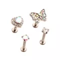 Multi-Pack CZ Butterfly Heart Labret Lip Rings 4 Pack - 16 Gauge at Spencer's