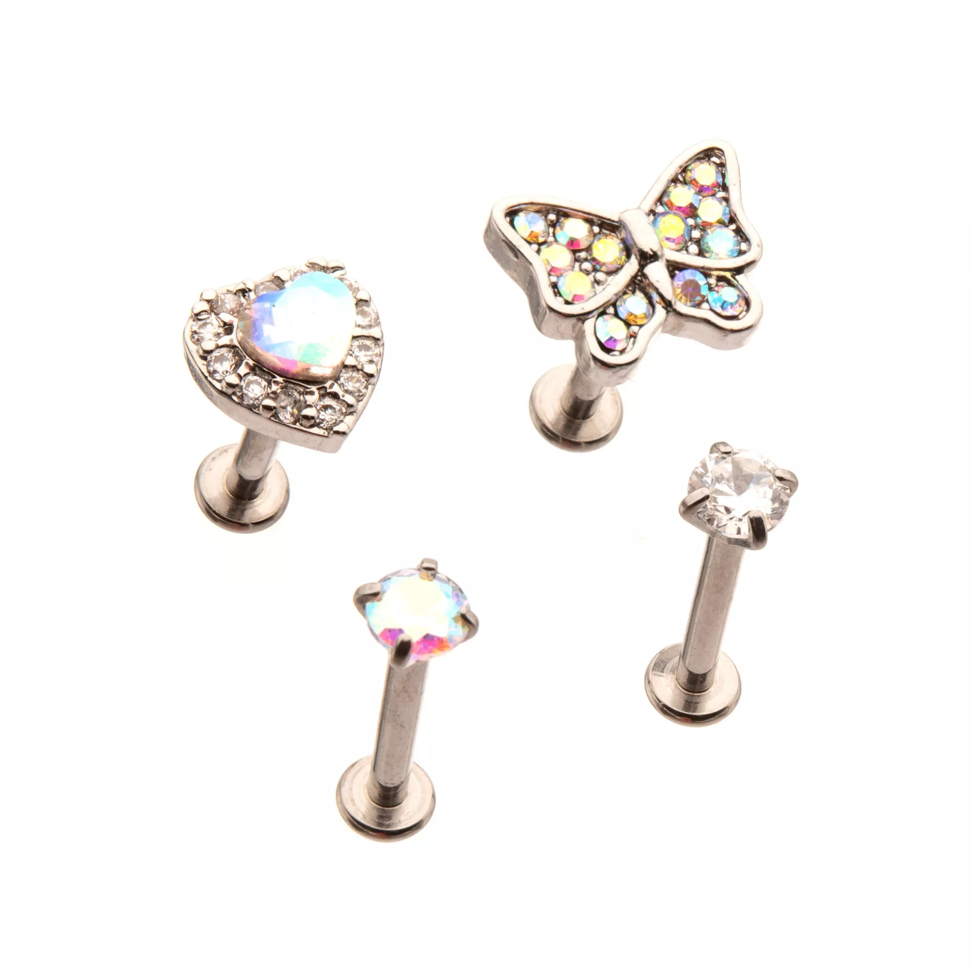 Multi-Pack CZ Butterfly Heart Labret Lip Rings 4 Pack - 16 Gauge at Spencer's