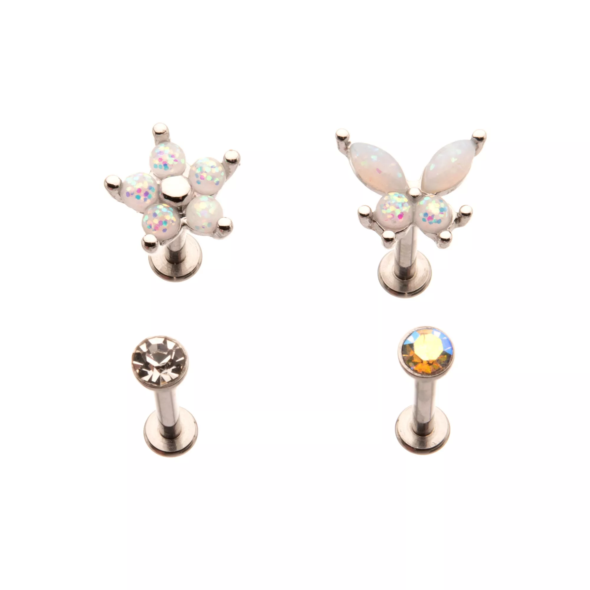 Multi-Pack CZ Butterfly Flower Labret Lip Rings 4 Pack - 16 Gauge