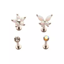 Multi-Pack CZ Butterfly Flower Labret Lip Rings 4 Pack - 16 Gauge at Spencer's