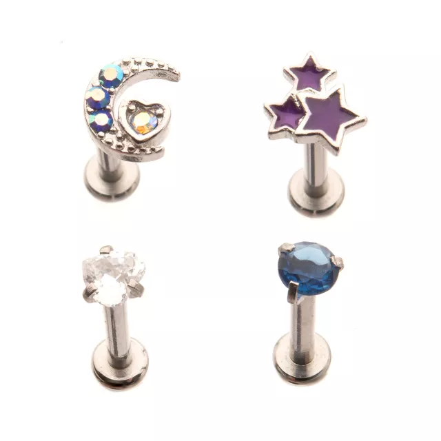 Multi-Pack CZ Moon Stars Labret Lip Rings 4 Pack - 16 Gauge at Spencer's