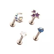 Multi-Pack CZ Moon Stars Labret Lip Rings 4 Pack - 16 Gauge at Spencer's