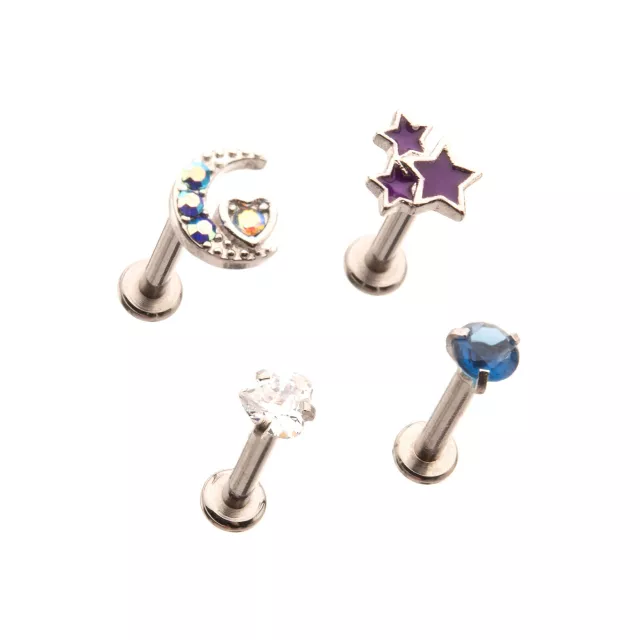 Multi-Pack CZ Moon Stars Labret Lip Rings 4 Pack - 16 Gauge at Spencer's