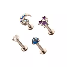 Multi-Pack CZ Moon Stars Labret Lip Rings 4 Pack - 16 Gauge at Spencer's