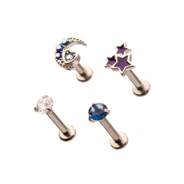 Multi-Pack CZ Moon Stars Labret Lip Rings 4 Pack - 16 Gauge at Spencer's