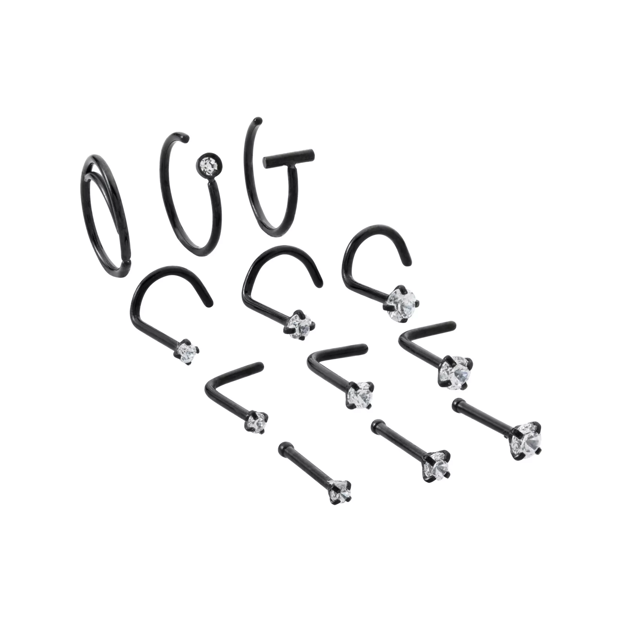 Multi-Pack Black CZ Nose Hoops and Pins 12 Pack - 20 Gauge at Spencer's