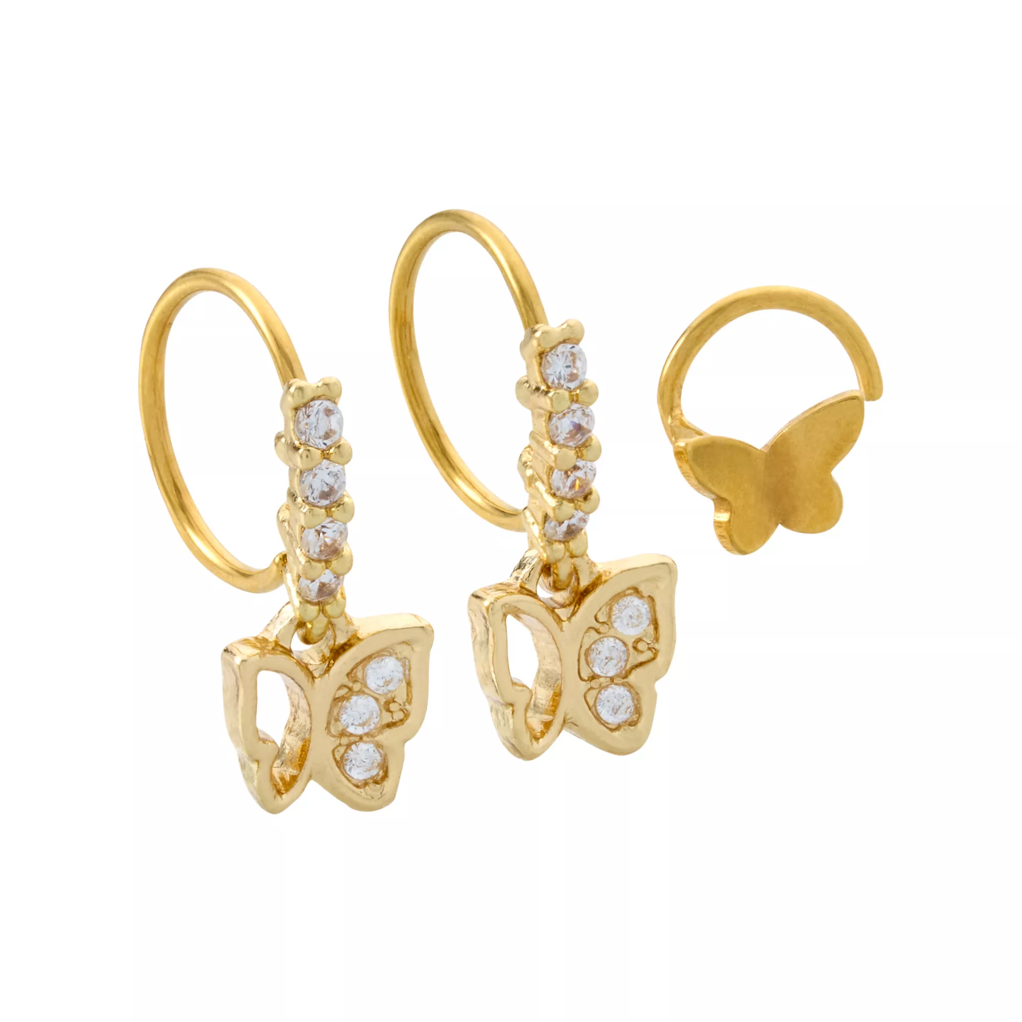 Multi-Pack CZ Goldtone Butterfly Screw Nose Ring and Hoop Nose Rings 3 Pack - 20 Gauge at Spencer's