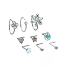 Multi-Pack Aurora Borealis Effect Flower Titanium Half Hoop and L-Bend Nose Rings 9 Pack - 20 Gauge at Spencer's