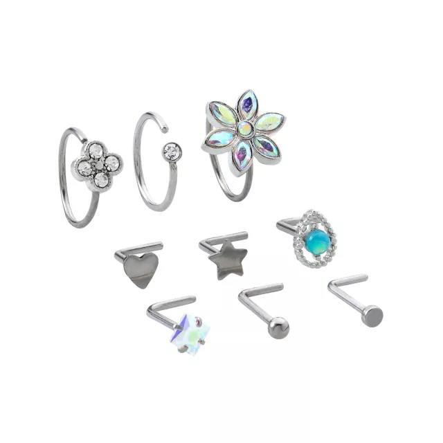 Multi-Pack Aurora Borealis Effect Flower Titanium Half Hoop and L-Bend Nose Rings 9 Pack - 20 Gauge at Spencer's