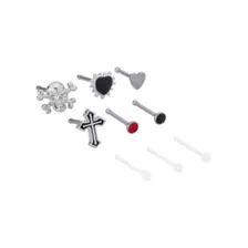 Multi-Pack Titanium CZ Skull Cross and Heart Nose Pins 9 Pack - 20 Gauge at Spencer's