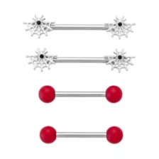 Multi-Pack Spider Web and Red Tipped Nipple Barbells 2 Pair - 14 Gauge at Spencer's