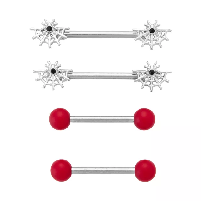 Multi-Pack Spider Web and Red Tipped Nipple Barbells 2 Pair - 14 Gauge at Spencer's