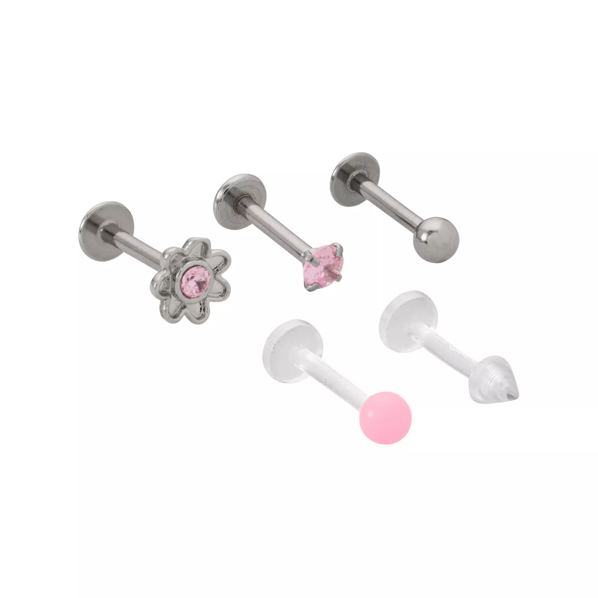 Multi-Pack Pink Flower Labret Lip Rings 5 Pack - 16 Gauge at Spencer's