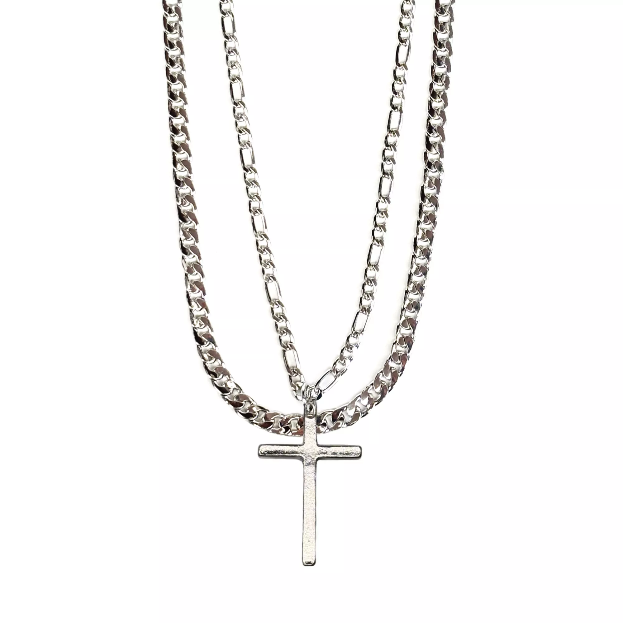Silvertone Dual Row Cross Pendant Necklace