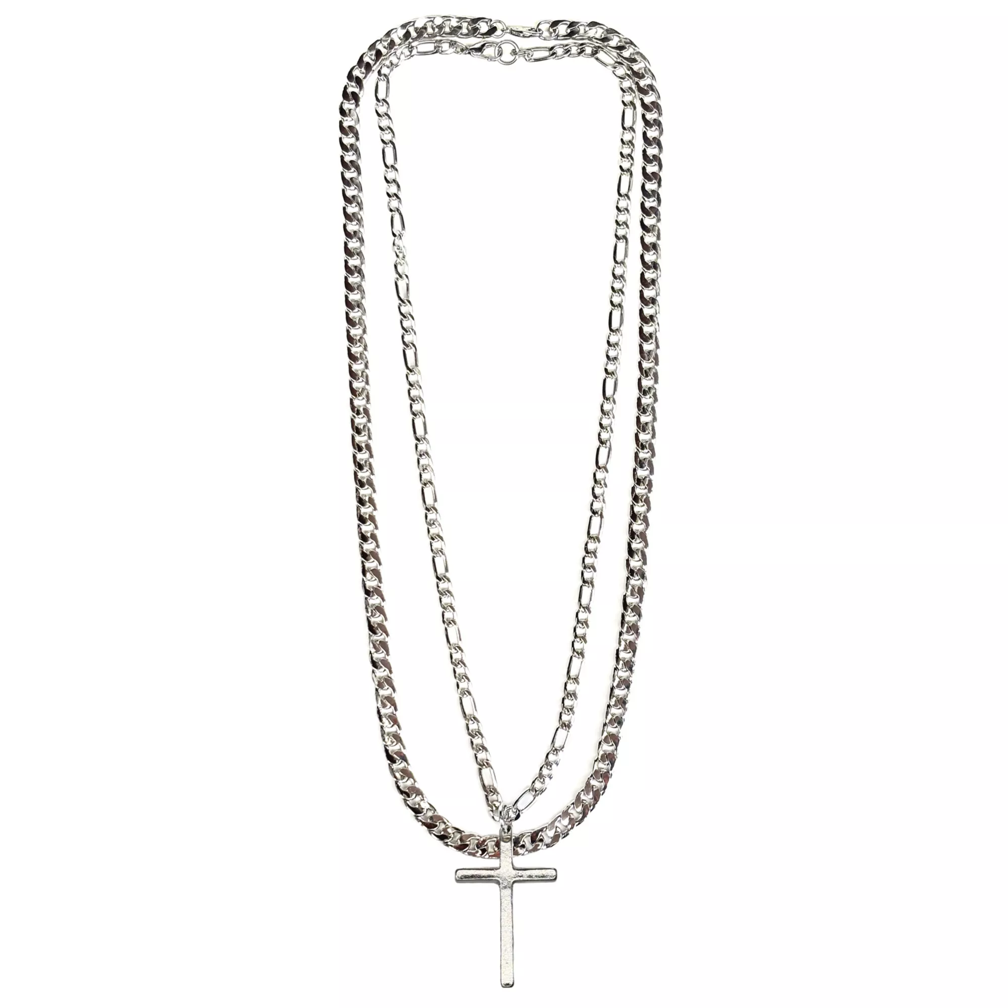 Silvertone Dual Row Cross Pendant Necklace