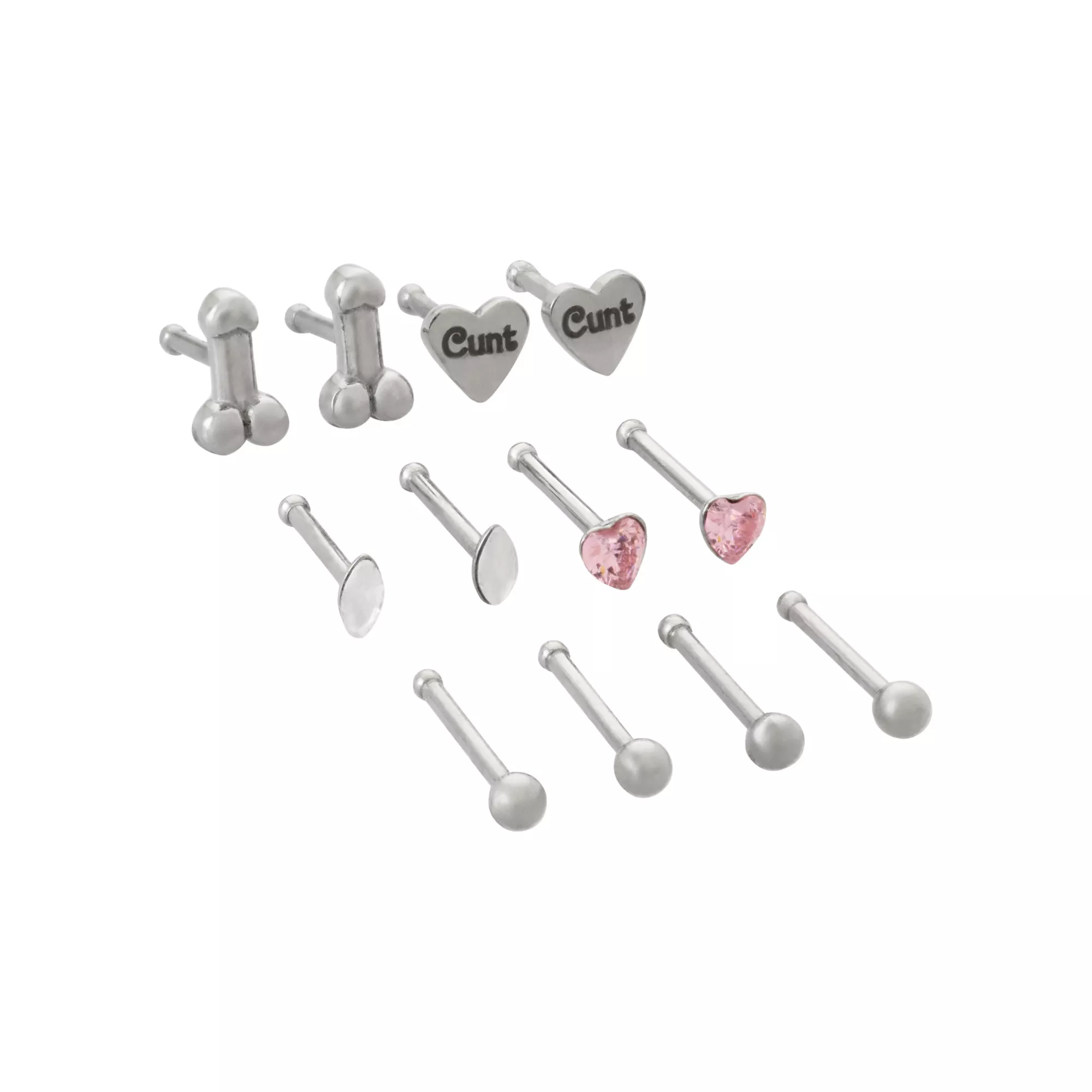 Multi-Pack CZ Pink Assorted Heart Pecker L-Bend Nose Rings 12 Pack - 20 Gauge at Spencer's