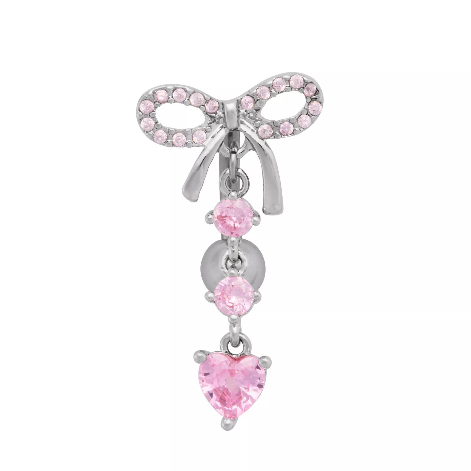 Pink CZ Bow and Heart Titanium Dangle Belly Ring - 14 Gauge