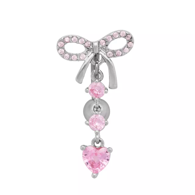 Pink CZ Bow and Heart Titanium Dangle Belly Ring - 14 Gauge at Spencer's