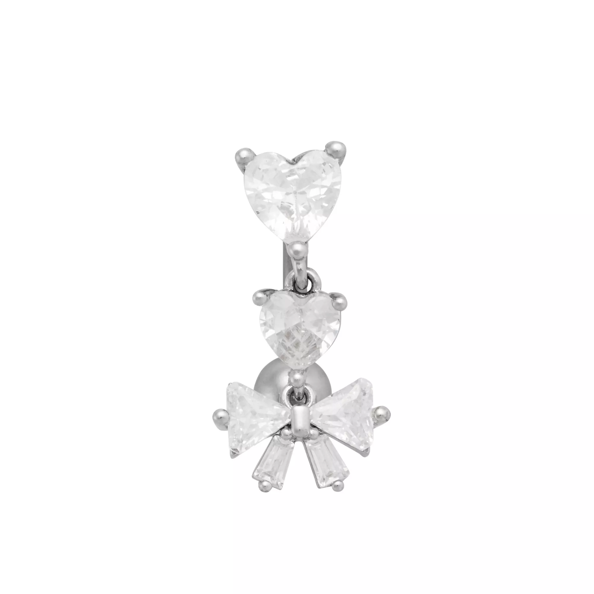 Double CZ Heart and Bow Titanium Dangle Belly Ring - 14 Gauge