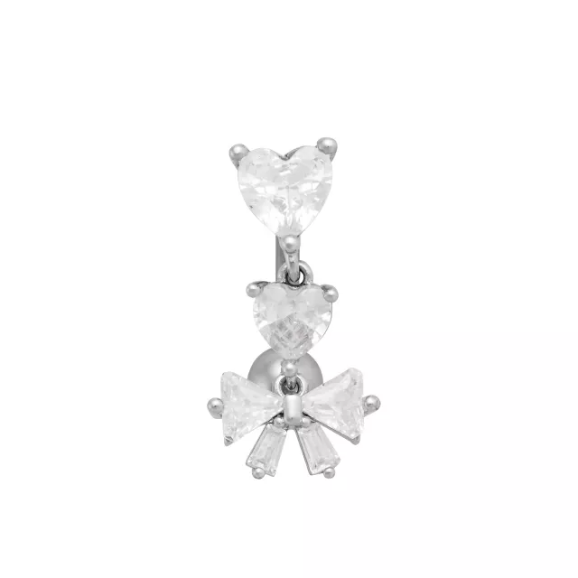 Double CZ Heart and Bow Titanium Dangle Belly Ring - 14 Gauge