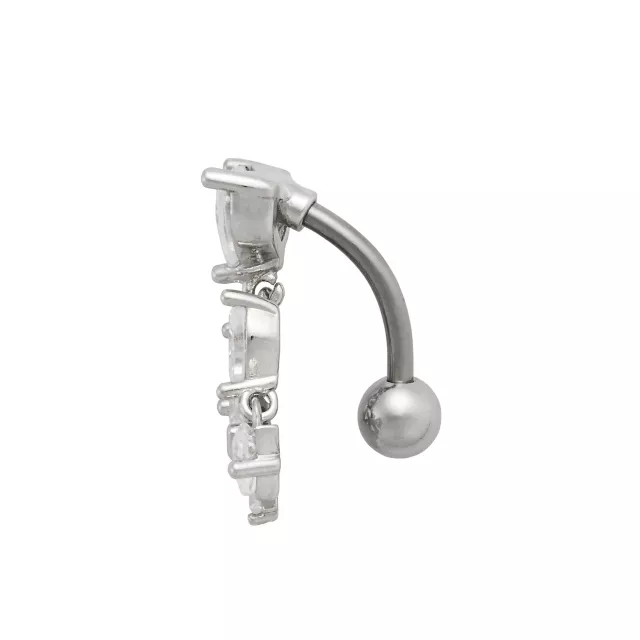 Double CZ Heart and Bow Titanium Dangle Belly Ring - 14 Gauge
