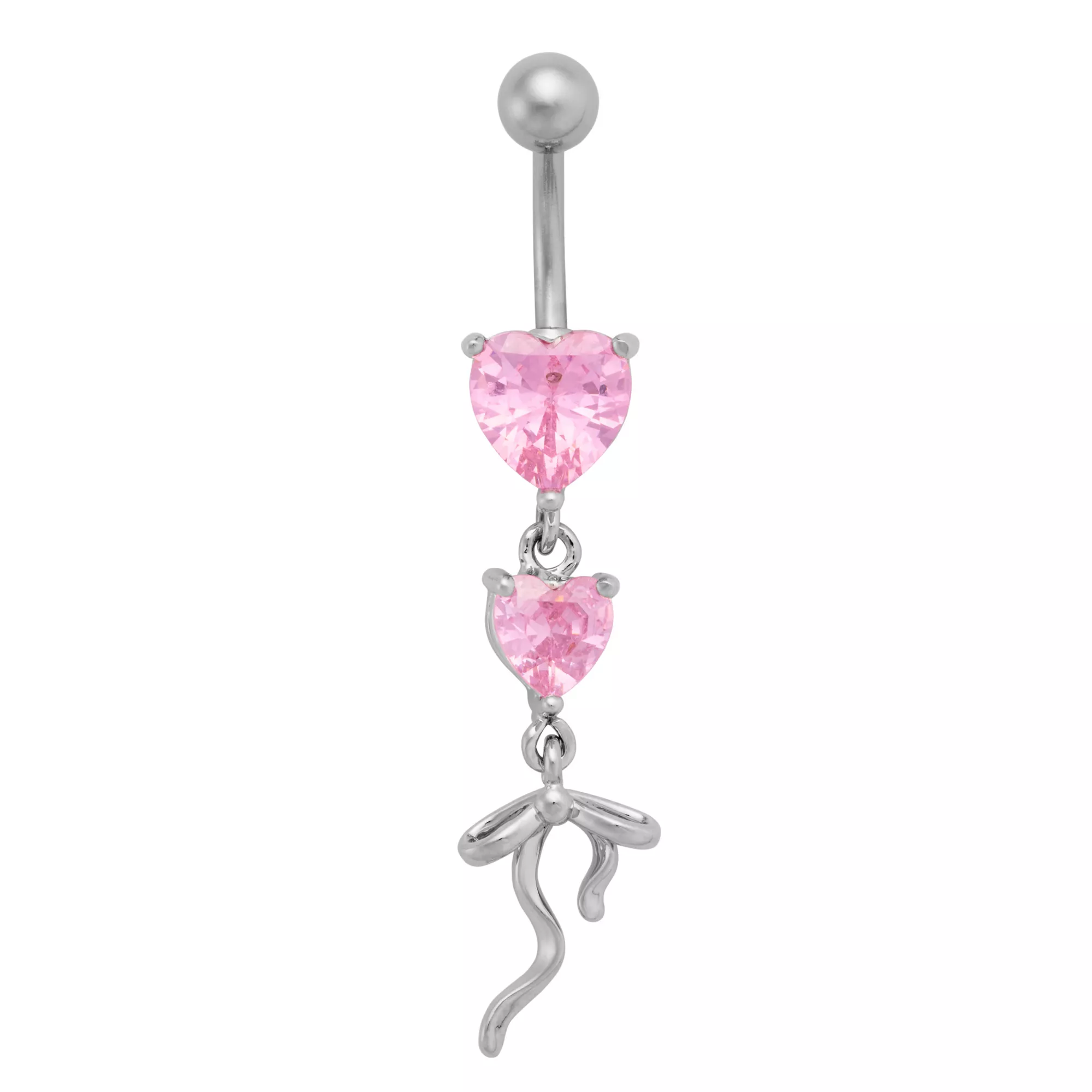 Double Pink CZ Heart and Bow Dangle Belly Ring - 14 Gauge at Spencer's