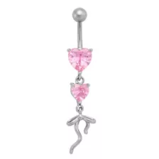 Double Pink CZ Heart and Bow Dangle Belly Ring - 14 Gauge at Spencer's