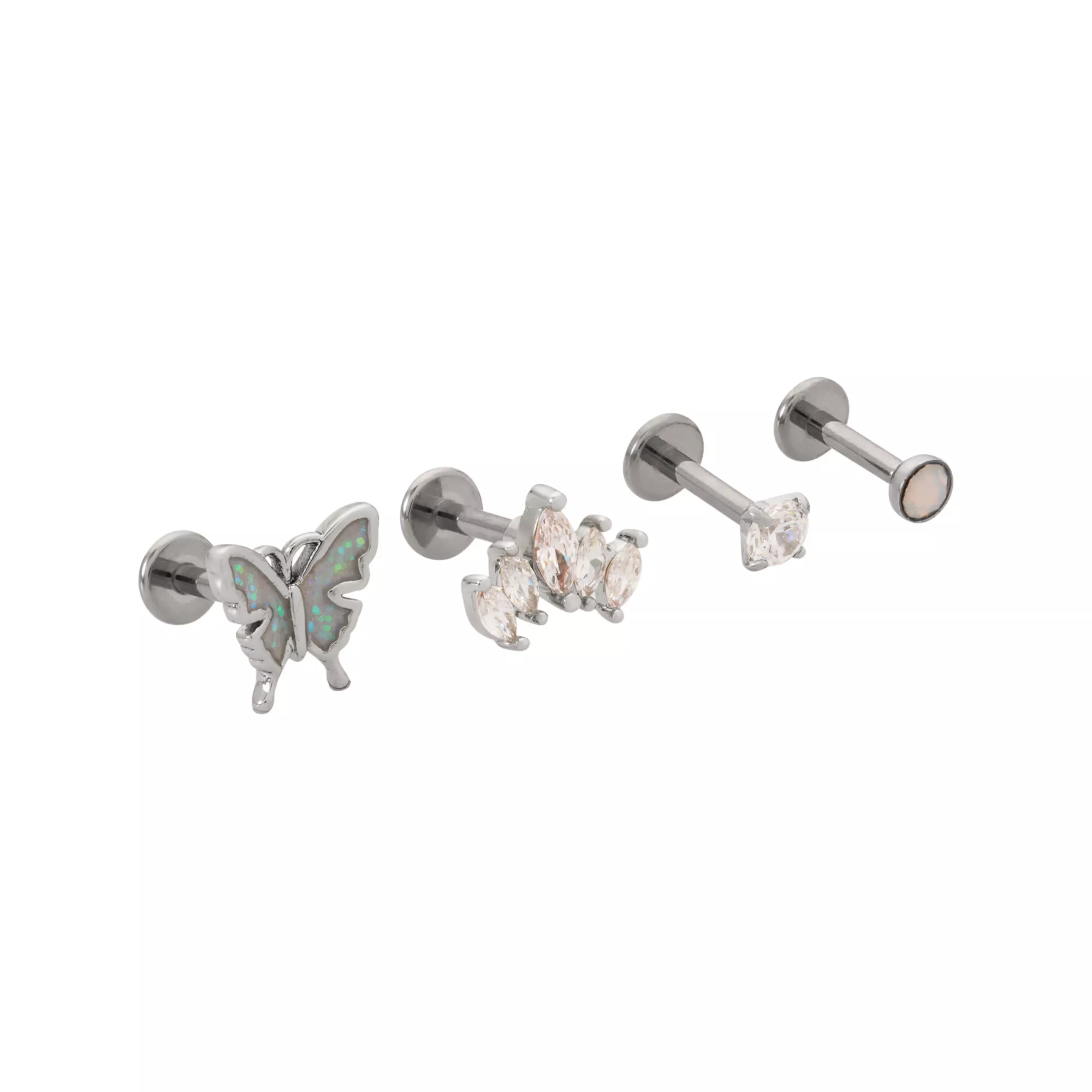 Multi-Pack CZ Slab and Butterfly Titanium Cartilage Barbells 4 Pack - 16 Gauge at Spencer's